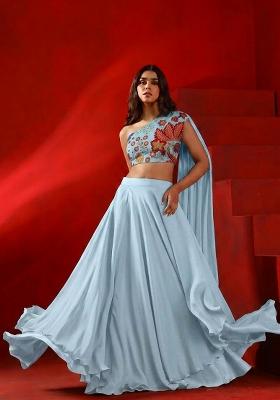 Powder Blue Printed Organza Lehenga Set
