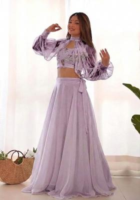 Lilac Printed Organza Lehenga Set