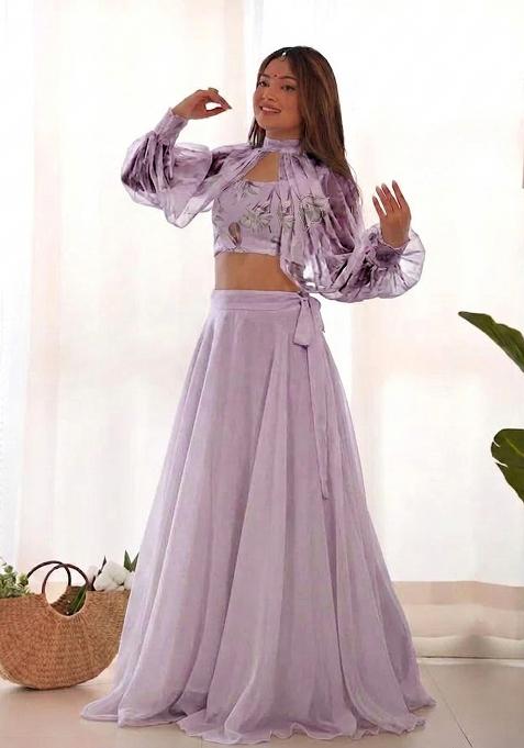 Lilac Printed Organza Lehenga Set