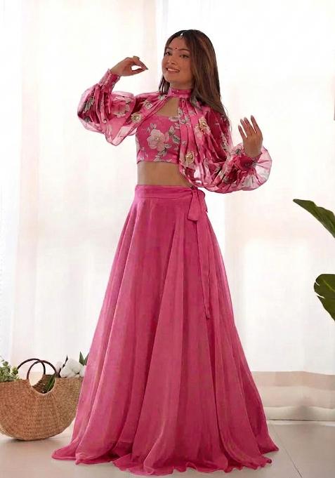 Pink Printed Organza Lehenga Set