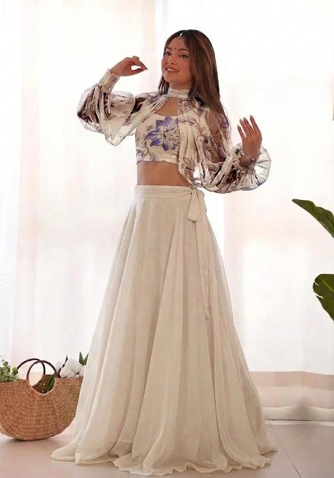 Cream Printed Organza Lehenga Set