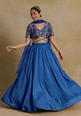 Dark Blue Printed Crepe Lehenga Set