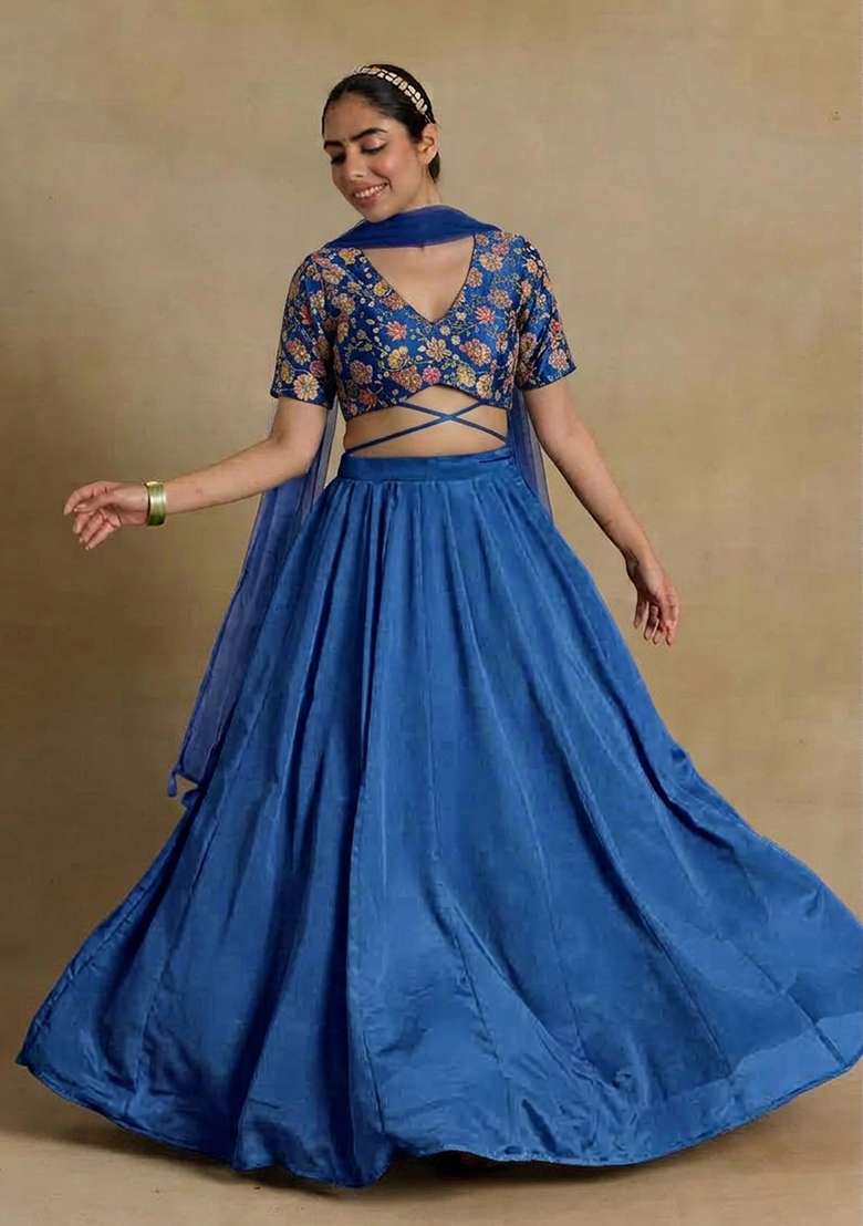 Dark Blue Printed Crepe Lehenga Set - Indya