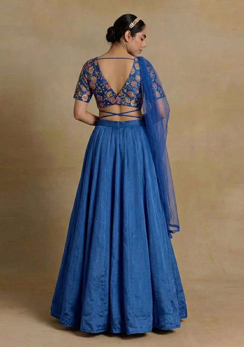 Dark Blue Printed Crepe Lehenga Set - Indya