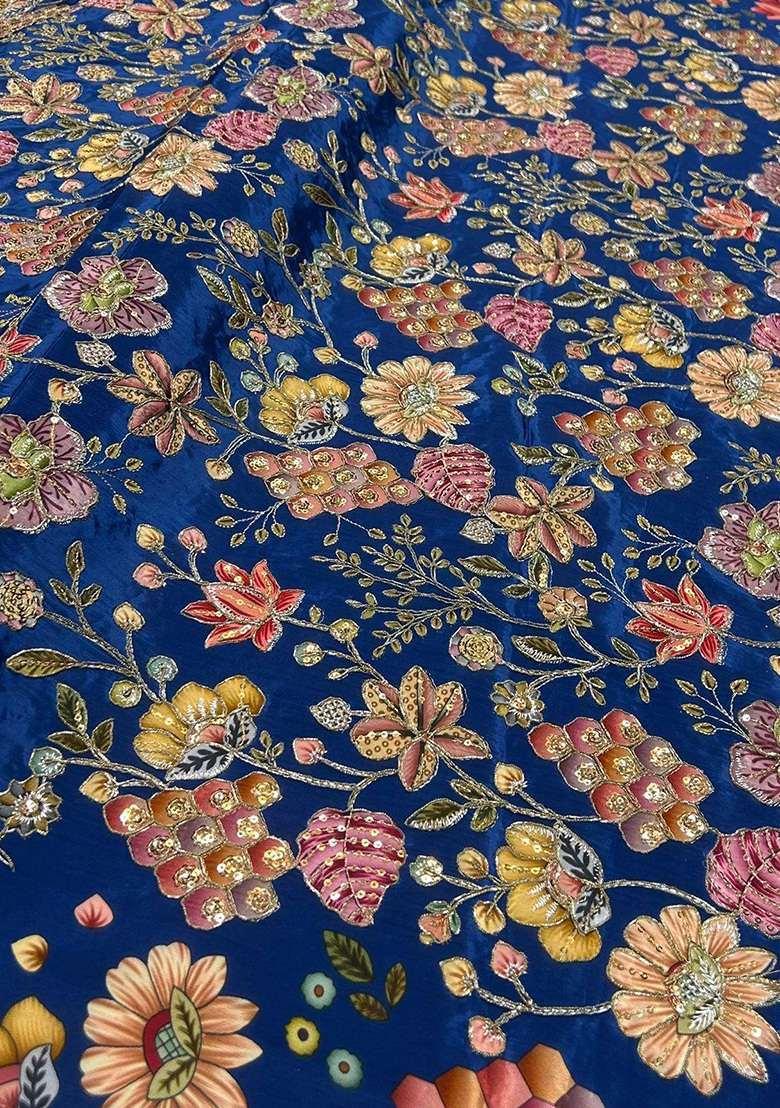 Dark Blue Printed Crepe Lehenga Set - Indya