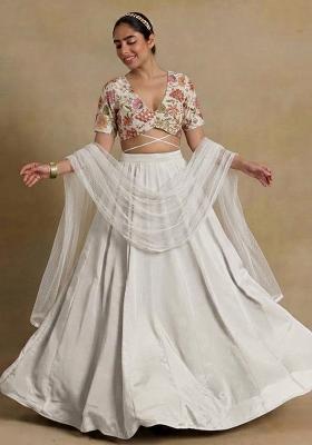 White Printed Crepe Lehenga Set