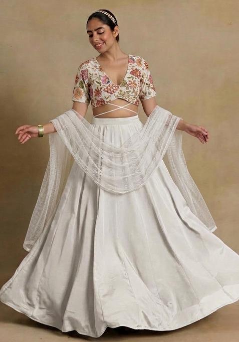 White Printed Crepe Lehenga Set