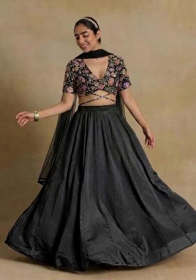 Black Printed Crepe Lehenga Set
