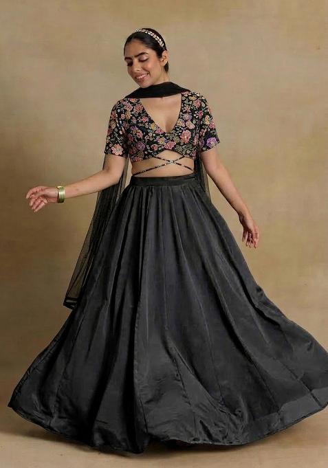 Black Printed Crepe Lehenga Set