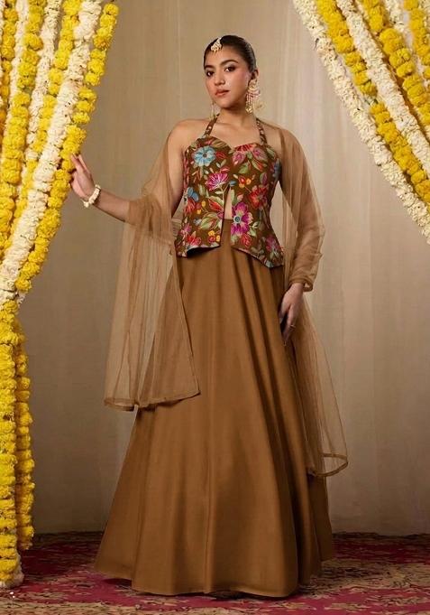Brown Printed Crepe Lehenga Set