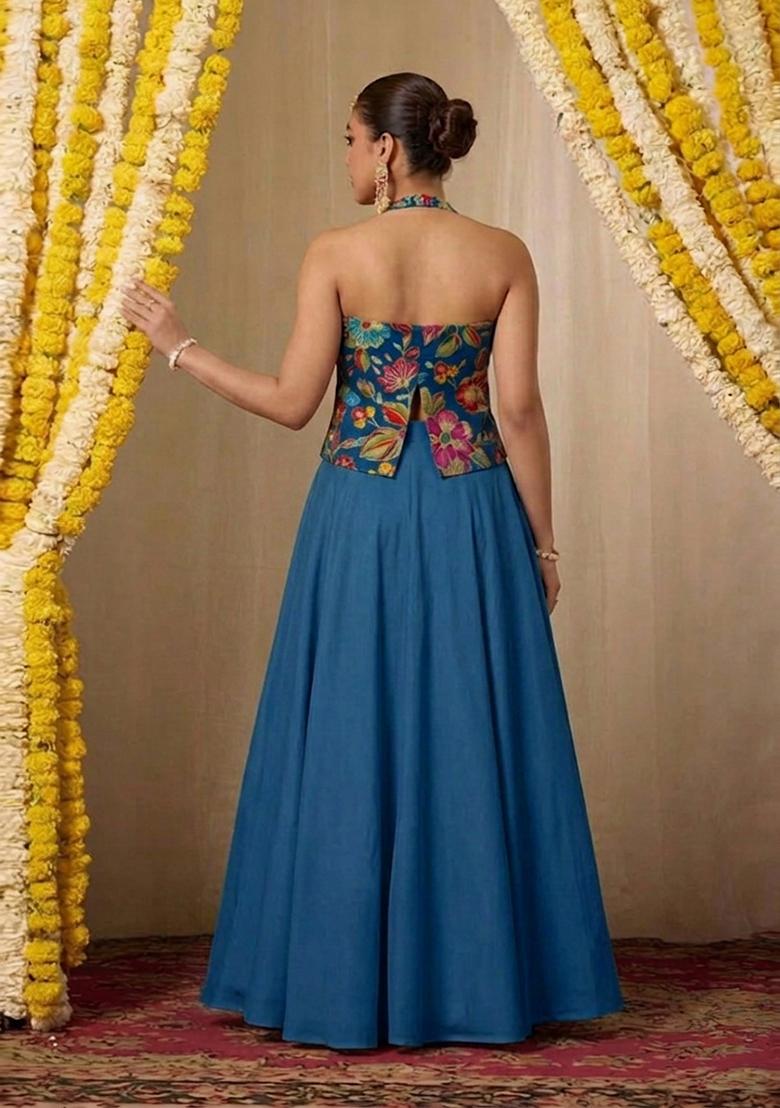 Blue Printed Crepe Lehenga Set - Indya