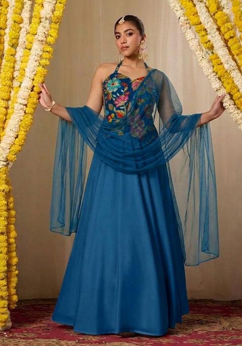 Blue Printed Crepe Lehenga Set