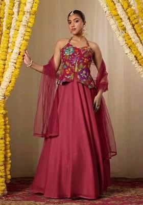 Dark Pink Printed Crepe Lehenga Set