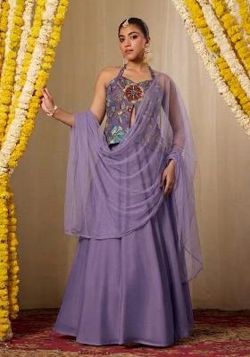 Purple Printed Crepe Lehenga Set