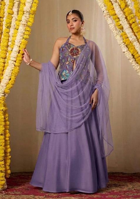 Purple Printed Crepe Lehenga Set