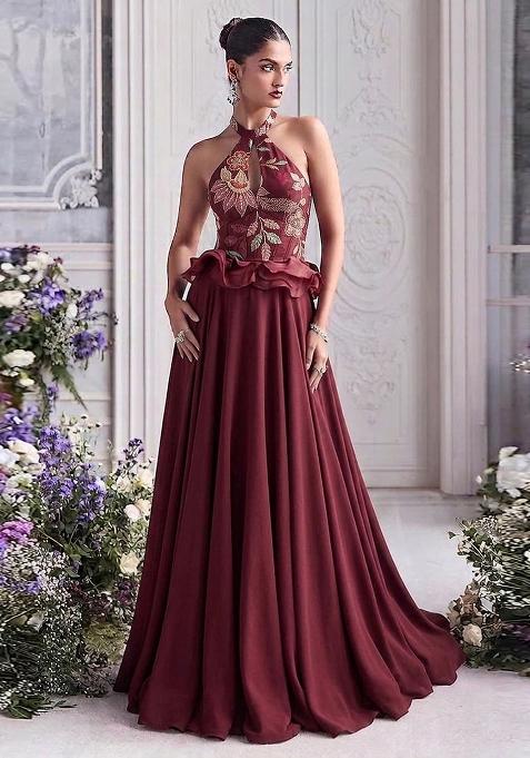 Maroon Embroidered Organza Lehenga Set