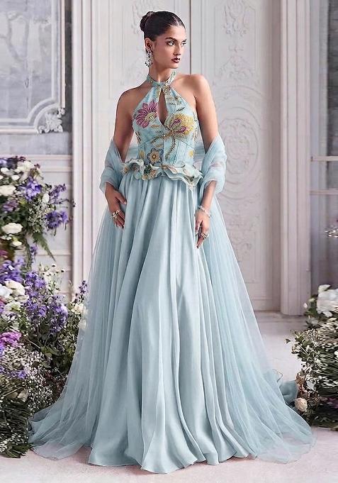 Powder Blue Embroidered Organza Lehenga Set