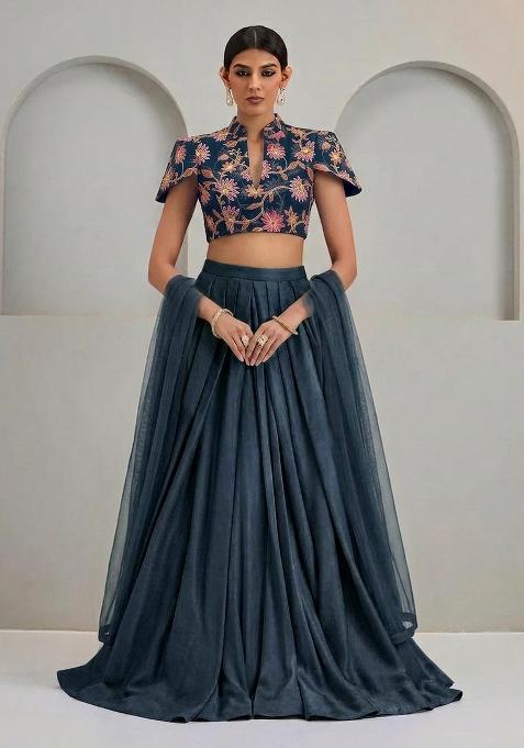 Deep Teal Sequin Organza Lehenga Set