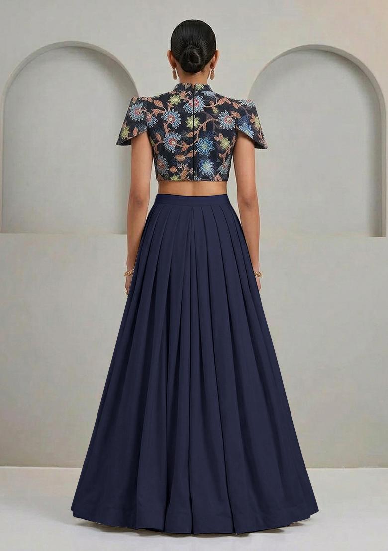 Midnight Blue Sequin Organza Lehenga Set - Indya