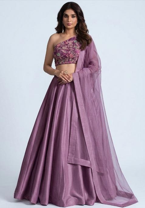 Lavender Printed Crepe Lehenga Set