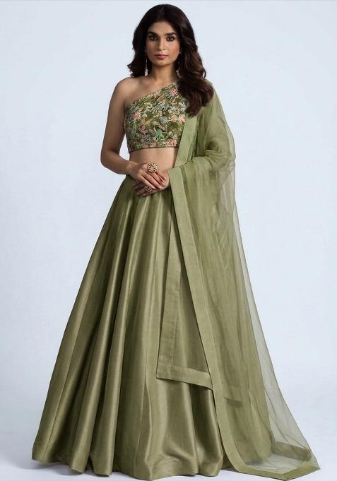 Henna Green Printed Crepe Lehenga Set