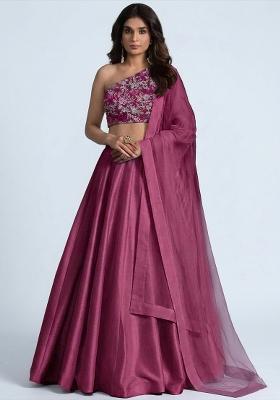 Dark Pink Printed Crepe Lehenga Set