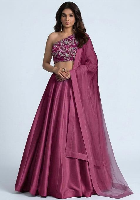 Dark Pink Printed Crepe Lehenga Set