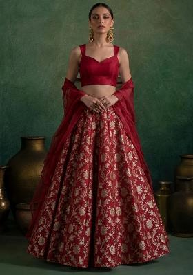 Deep Red Brocade Lehenga Set