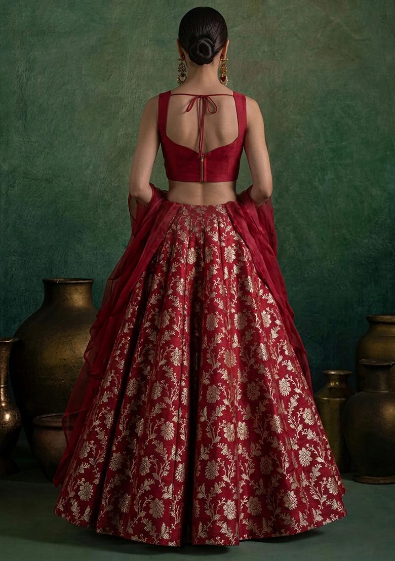Deep Red Brocade Lehenga Set - Indya