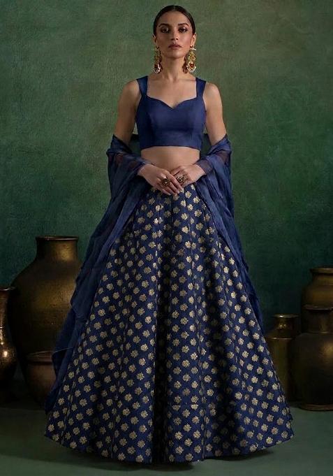 Navy Blue Brocade Lehenga Set