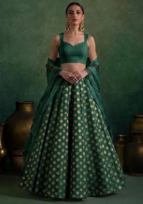Dark Green Brocade Lehenga Set