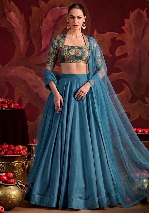 Blue Brocade Lehenga Set