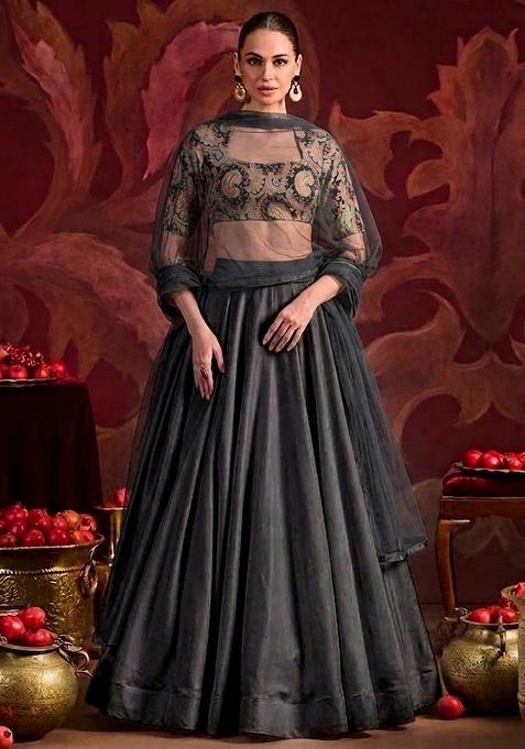 Black Brocade Lehenga Set