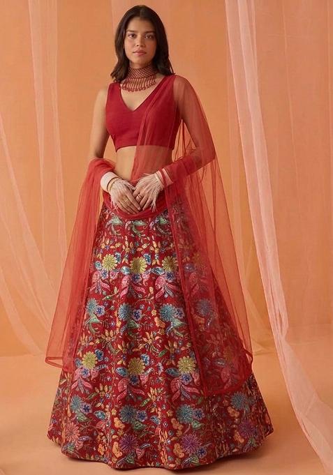 Red Printed Crepe Lehenga Set
