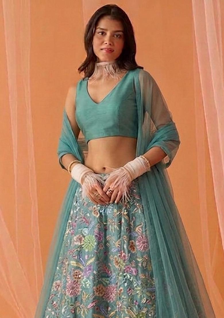 Teal Printed Crepe Lehenga Set - Indya