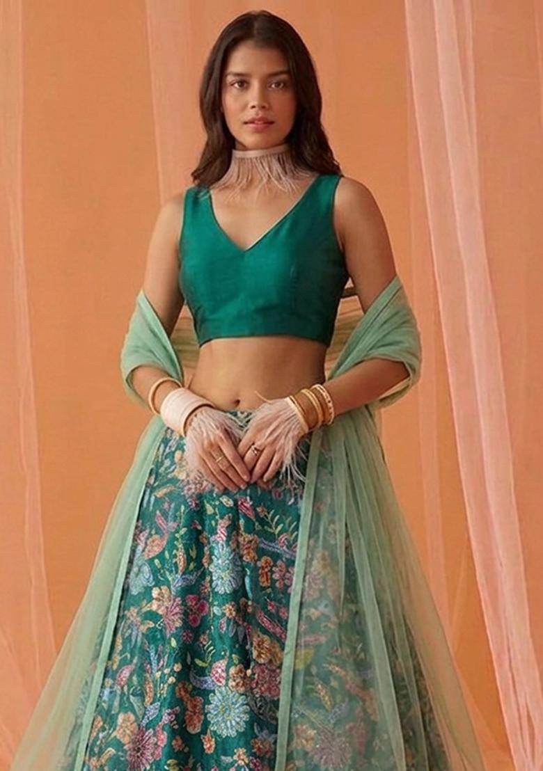 Dark Green Printed Crepe Lehenga Set - Indya