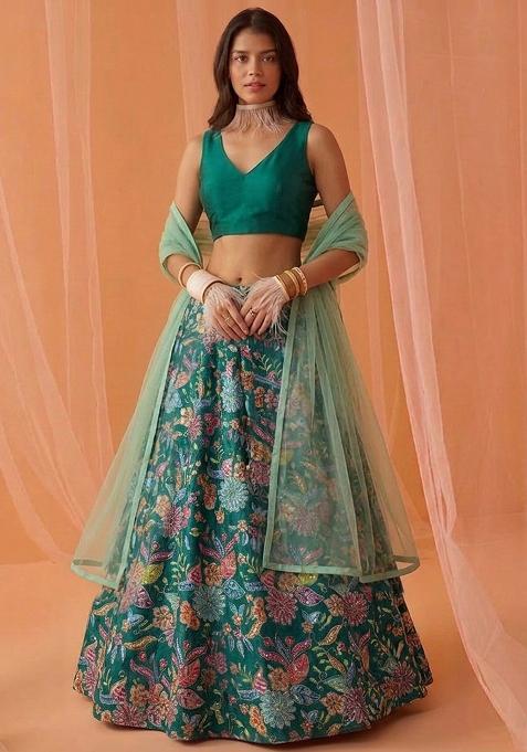 Dark Green Printed Crepe Lehenga Set