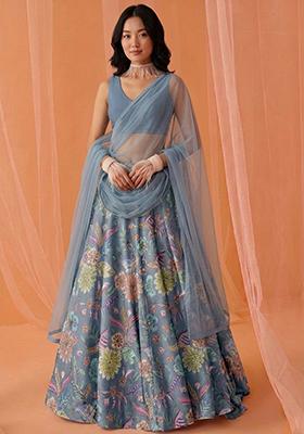 Pastel Blue Printed Crepe Lehenga Set