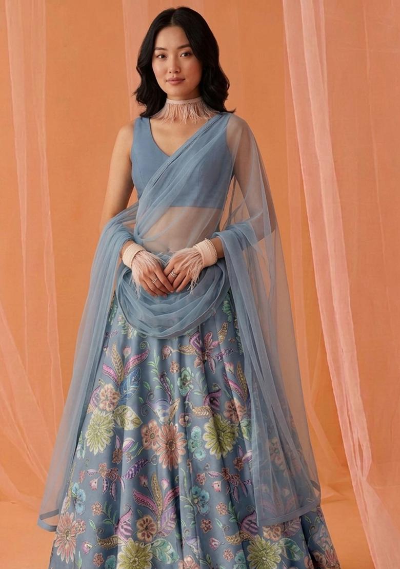 Pastel Blue Printed Crepe Lehenga Set - Indya
