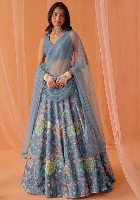 Pastel Blue Printed Crepe Lehenga Set