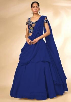 Navy Blue Printed Crepe Lehenga Set