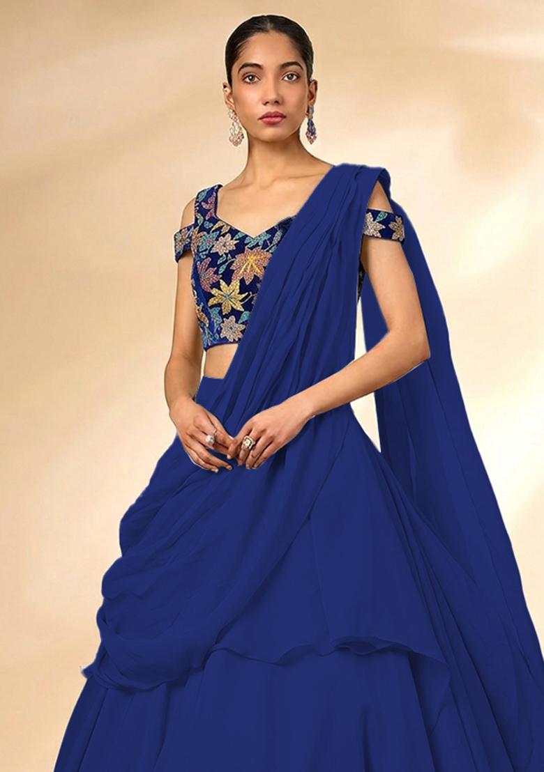 Navy Blue Printed Crepe Lehenga Set - Indya