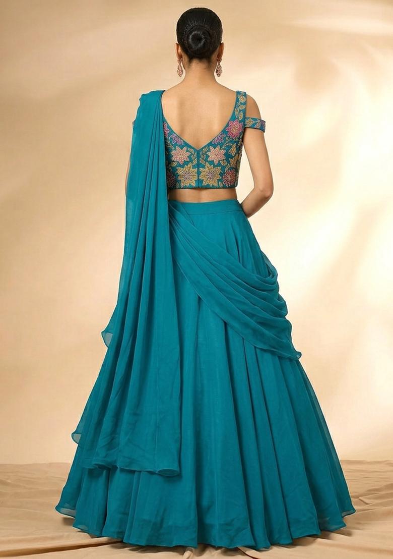 Teal Printed Crepe Lehenga Set - Indya