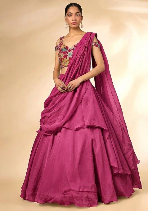Pink Printed Crepe Lehenga Set