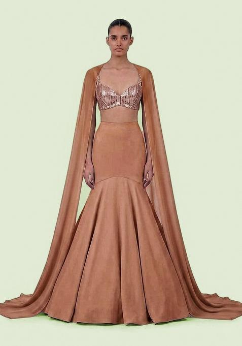 Light Brown Sequin Net Lehenga Set
