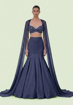Dark Blue Sequin Net Lehenga Set
