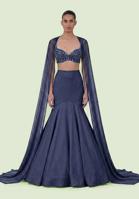 Dark Blue Sequin Net Lehenga Set