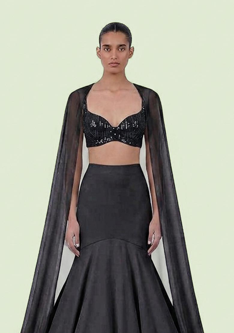 Black Sequin Net Lehenga Set - Indya