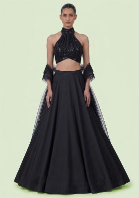 Black Sequin Net Lehenga Set