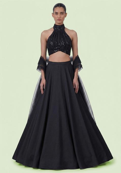 Black Sequin Net Lehenga Set
